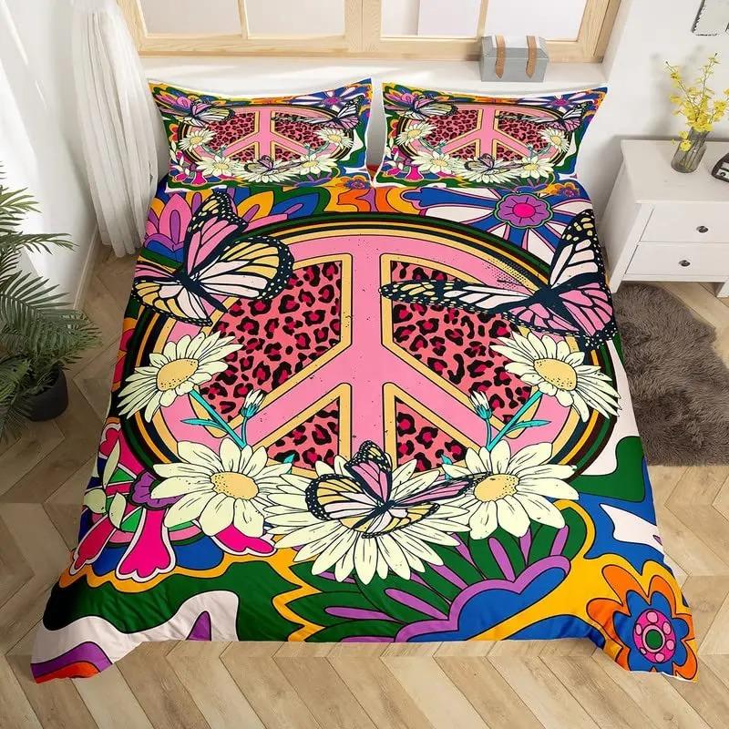 Peace Symbol Duvet Cover Set for Kids Boys Girls,Happiness World Bedding Set 3 Pcs,Queen Size,Green Brown Red Soft Bedroom Decor