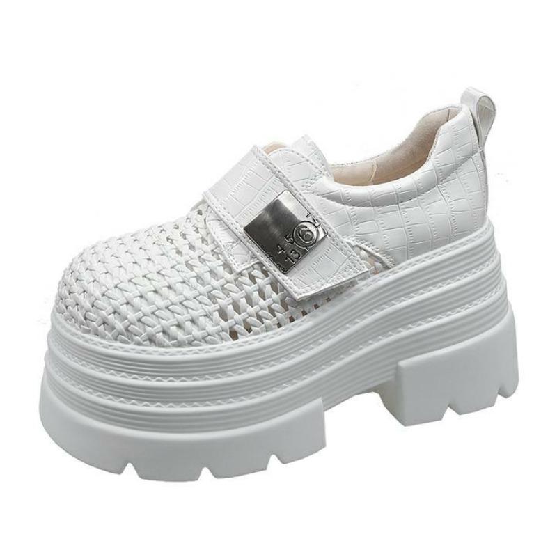 Fashion 8CM Women's Platform Slip-On Shoes Thick Bottom New Summer Hollow Leather Chunky Sneakers Breathable Outdoor High Heels Sandals
