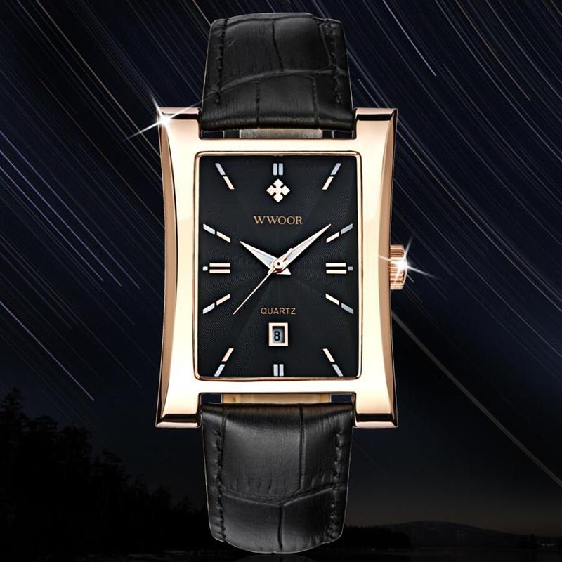 WWOOR Classic Fashion Mens Rectangle Watches Male Gold Brown Leather Quartz Waterproof Wrist Watch