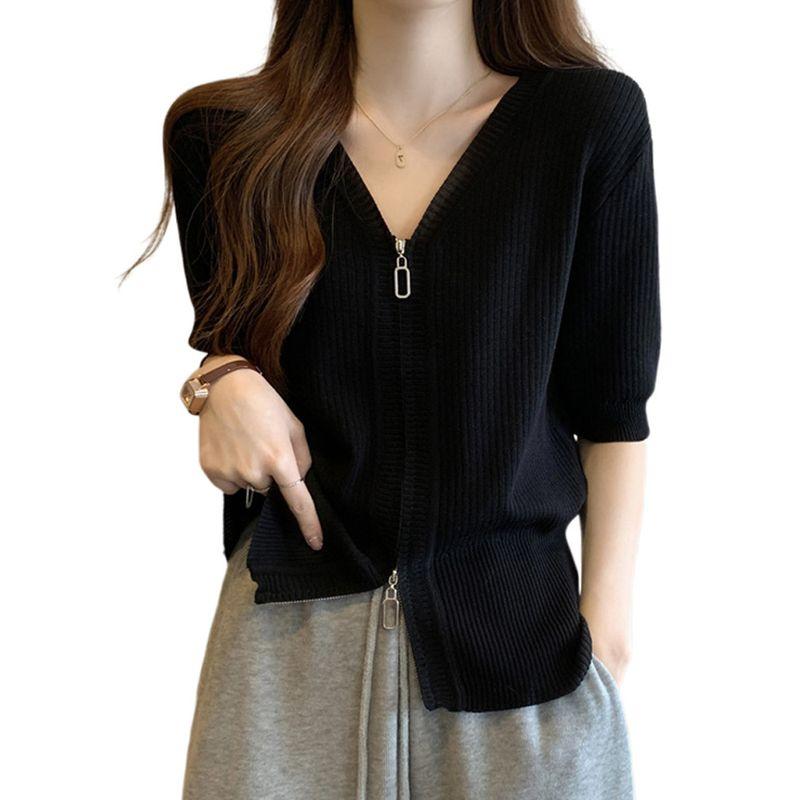 Thin Ice Silk Zipper V-neck Shoulder T-Shirt Short Sleeve