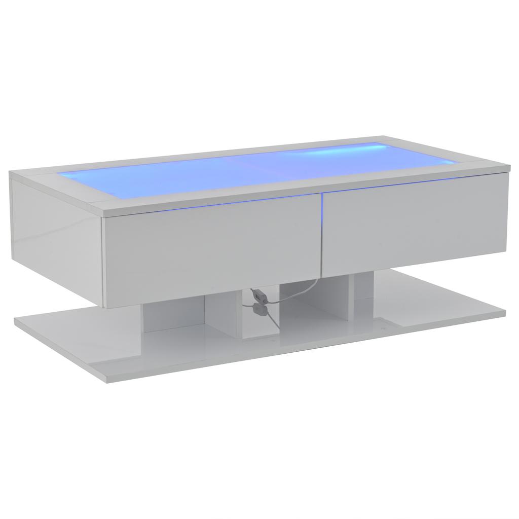 100*50*35cm Coffee Table, High Gloss Sofa Table, Living Room Table with Drawers, Coffee Table with LED Light, Glass Top, White