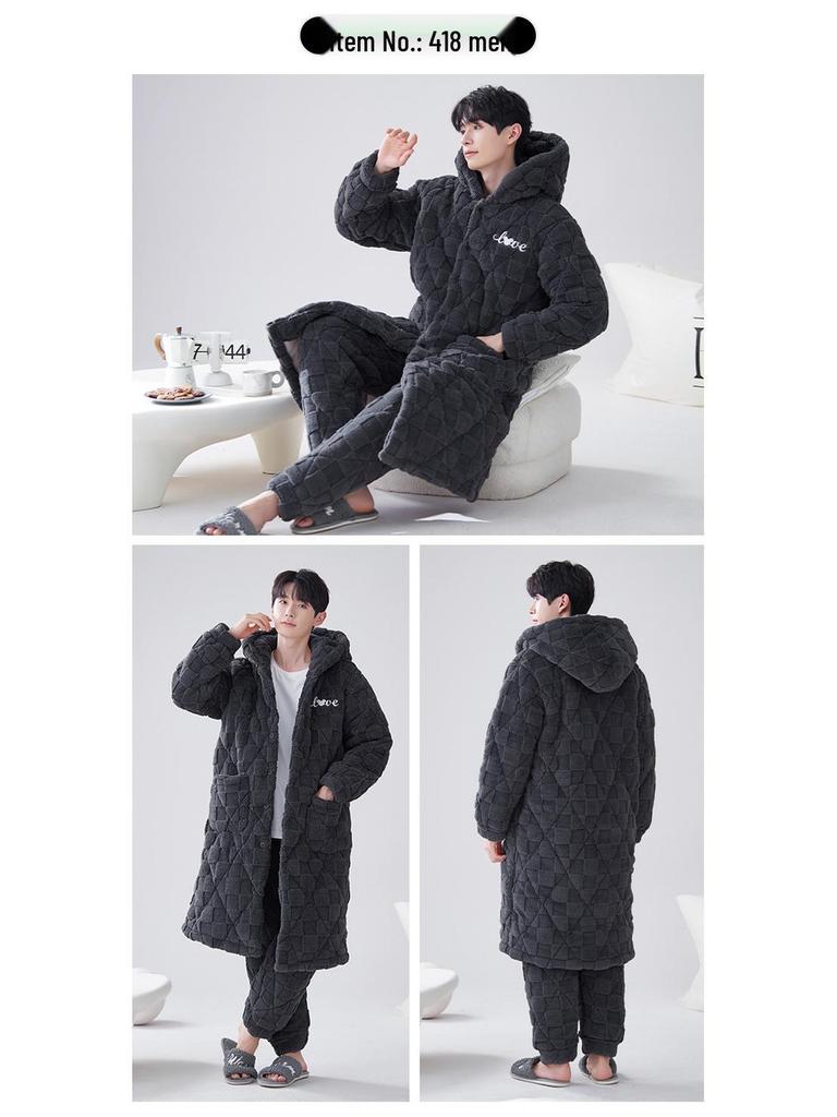 2024 Men's Quilted Winter Hooded Pajama Bathrobe - Warm, Thick Coral Fleece Outerwear