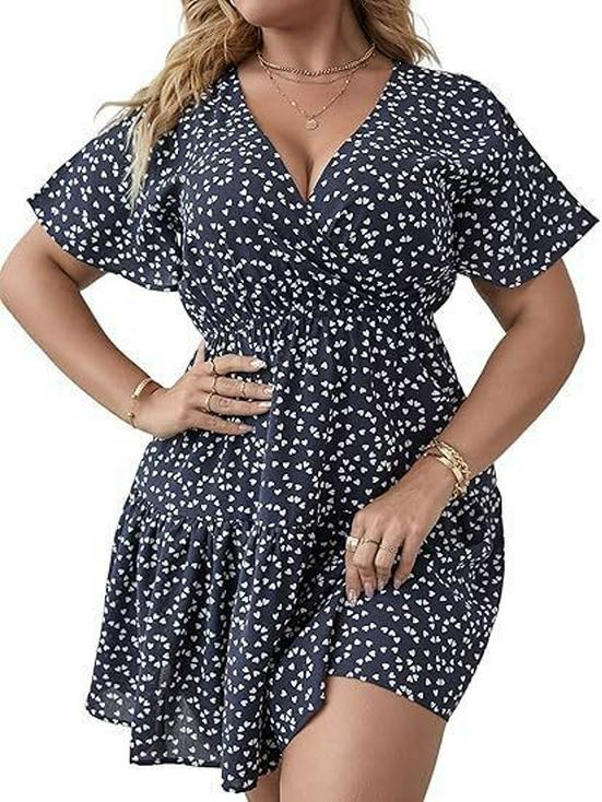 Europäisches & Amerikanisches Übergrößen Pünktchen V-Ausschnitt Rüschenkleid