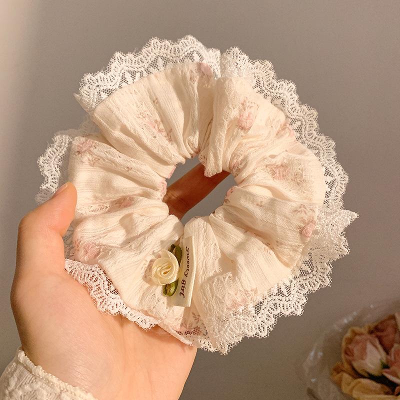 New Style, Fresh Pink Floral Print, Bow Tie, Lace Handkerchief, Headband, Women's, Korean Style, Large Headband, Versatile Hair Accessory