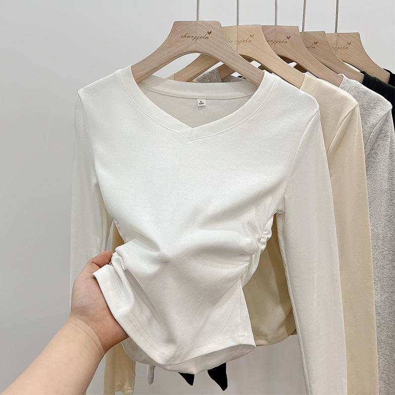 Damen V-Ausschnitt Slim-Fit Langarm-T-Shirt, Neuer Frühling/Herbst Stil mit Raffung an der Taille, Schickes Hot Girl Top, Vielseitiges Basic-Shirt.