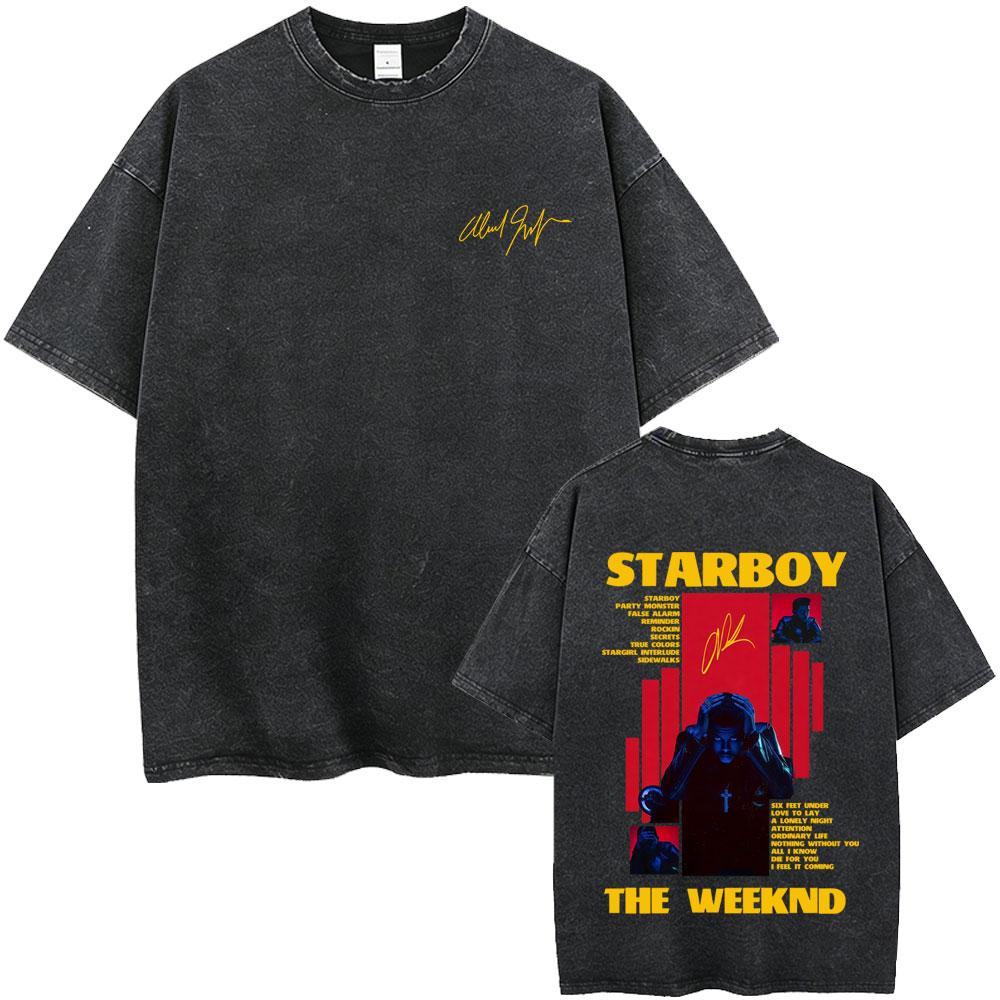 Vintage Gewaschen The Weeknd Starboy Album Grafik T-Shirt Herren Damen Hip Hop Mode Popmusik T-Shirts Männlich Lässig Baumwoll-T-Shirts