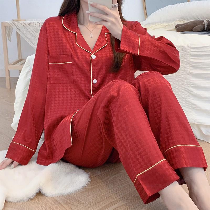 Damen Frühling und Herbst Eis Seide Langarm Jacquard Hahnentritt Pyjama Set für Klimaanlagen