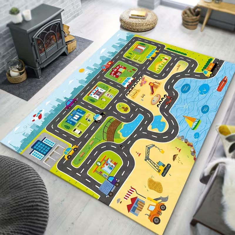 Cartoon Town Road Car Play Area Rug Non Slip Floor Mat Village Pond Vehicle Print Soft Play Carpet Bedroom Indoor Game Mat