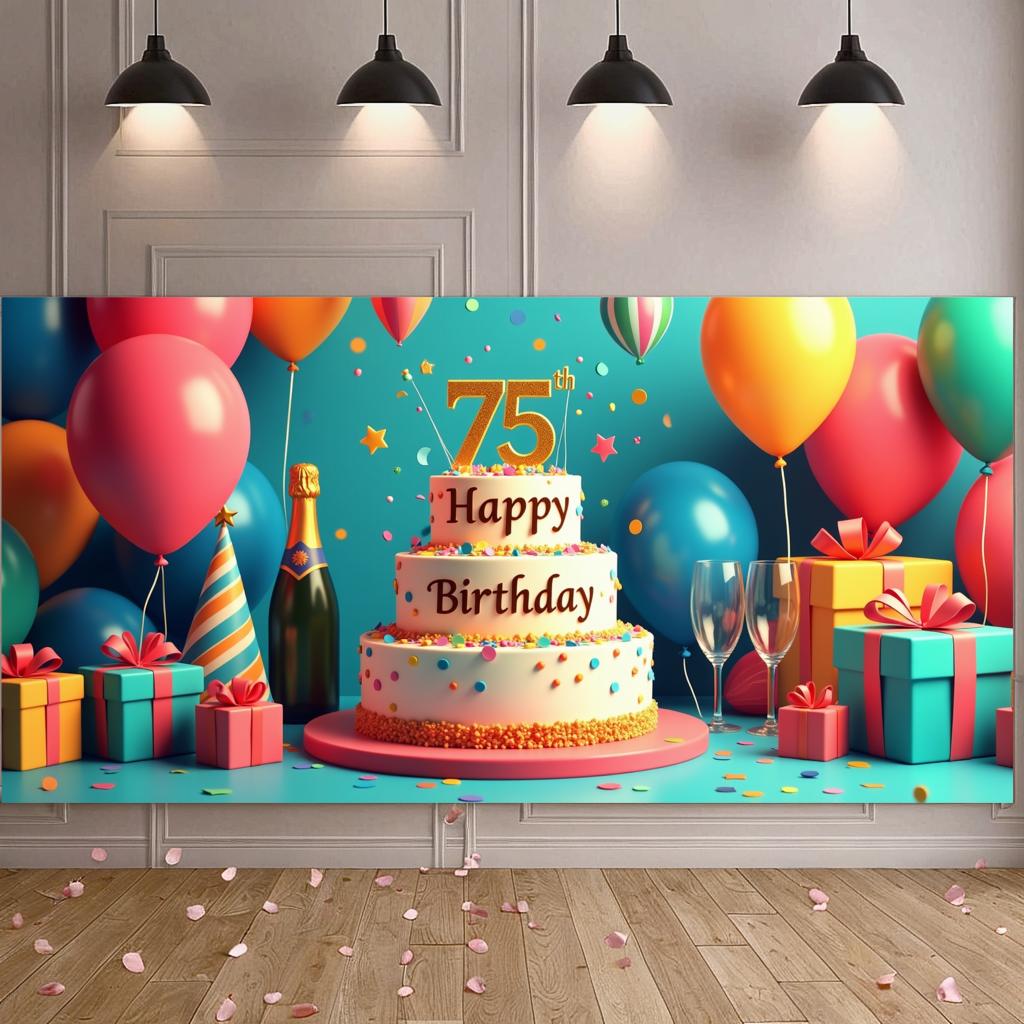Happy Birthday 75th Banner Backdrop Red Balloon Birthday Party Decoration Photography Props Birthday Cake Background Supplies