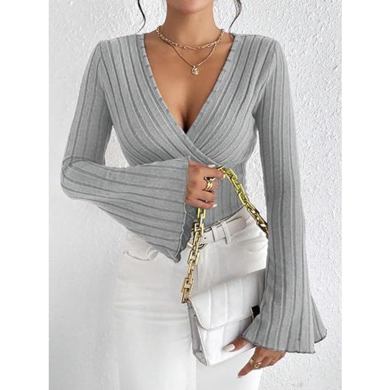 Autumn and Winter Pit Strip V-neck Slimming Long Sleeve Women's T-shirts