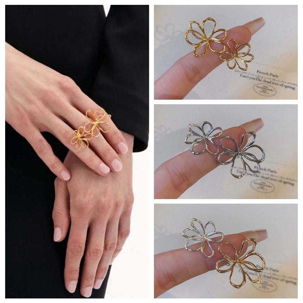 Exaggerated Golden Flower Ring Irregular Open Hollow Out Ring Silver Sunflower Finger Circle  Girls