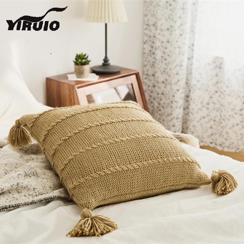YIRUIO Scandinavian Style Cable Knit Pillow Case Fall Decor Kawaii Tassel Stripe Design Soft Sofa Bed Throw Pillow Case Cover