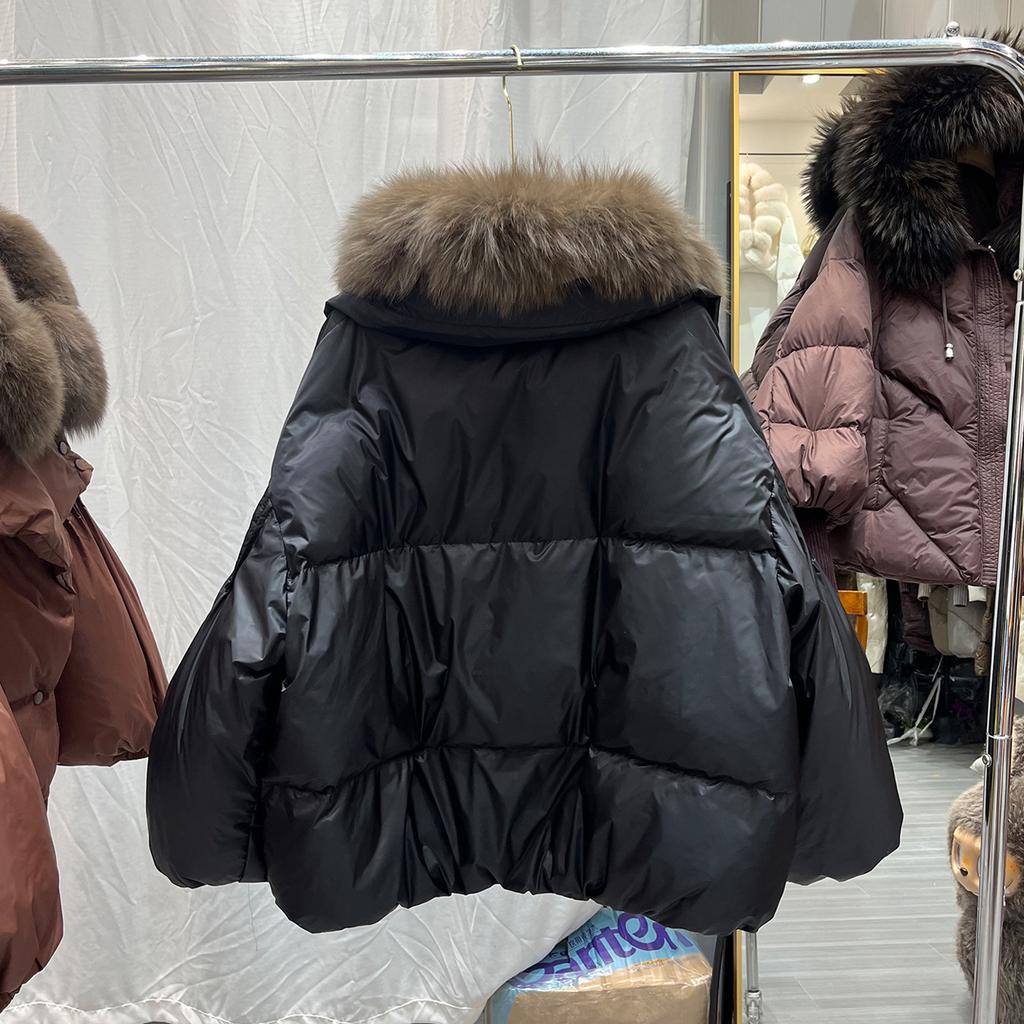 Winter New Natural Fox Big Fur Collar Bubble Sleeve Down Jacket Women's Short Thickened Warm Loose Coat