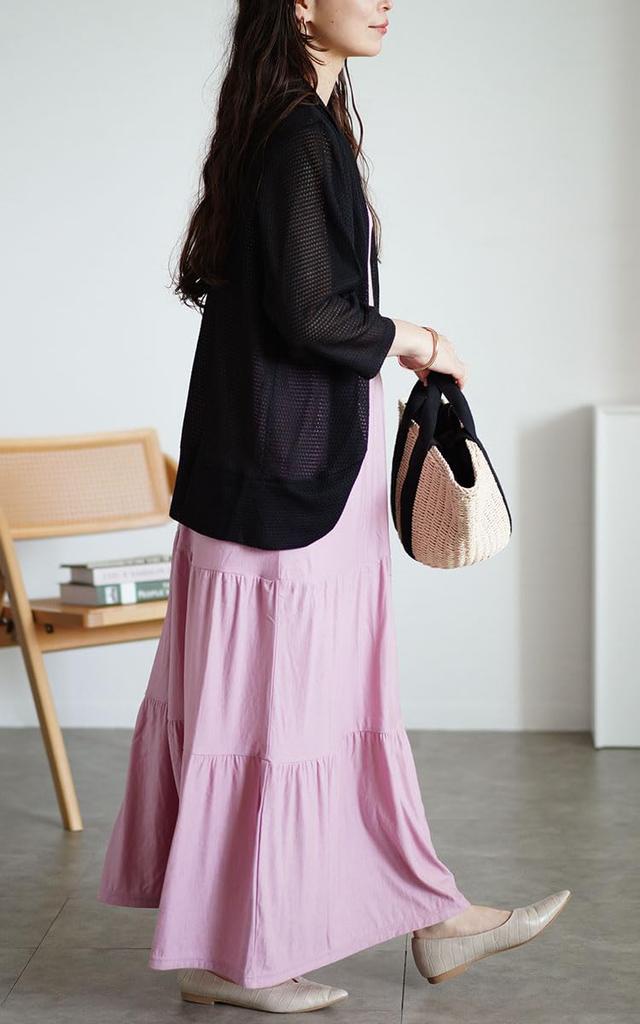 Gold Japan Übergröße Langes Kleid Set mit Bolero und Durchbruch-Strick Stufenförmig Dehnbar Perfekt für Sommer und Größe Schwarz Damenkleid, Frühling, 5L,