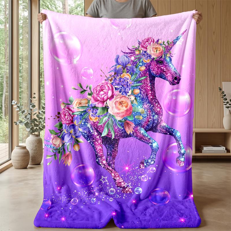 Fantasy Unicorn with Flowers Theme Blanket Lightweight Warm Flannel Blanket Decorative Throw Blanket for Home Decoration