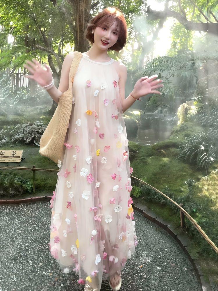 Women's Sleeveless Halter Neck Dress with 3D Floral Lace - Spring/Summer Fairy Style Beach Dress