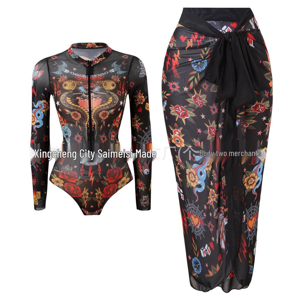 2025 Women's Long Sleeve Sun Protection Russian Swimsuit - European American Surfwear Beach Dress
