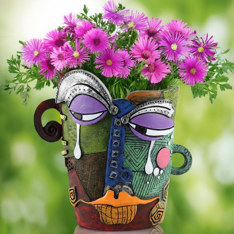 Vibrant Abstract Face Pot Handcrafted Art Piece Drainage Hole Included Anti Fade Suitable For Indoor And Outdoor Spaces