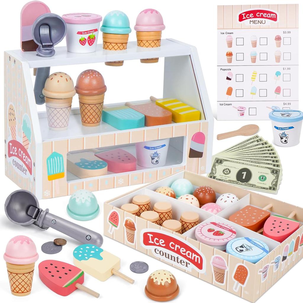 Toys Playset Toys Accessories Wooden Pretend Simulation Ice Cream Counter Pretend Play Kitchen Montessori Learning Toy for Kids