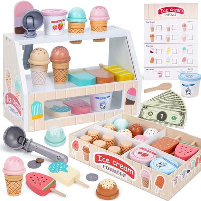 Wooden Pretend Toys Simulation Ice Cream Counter Playset Pretend Play Toys Kitchen Accessories Montessori Learning Toy for Kids