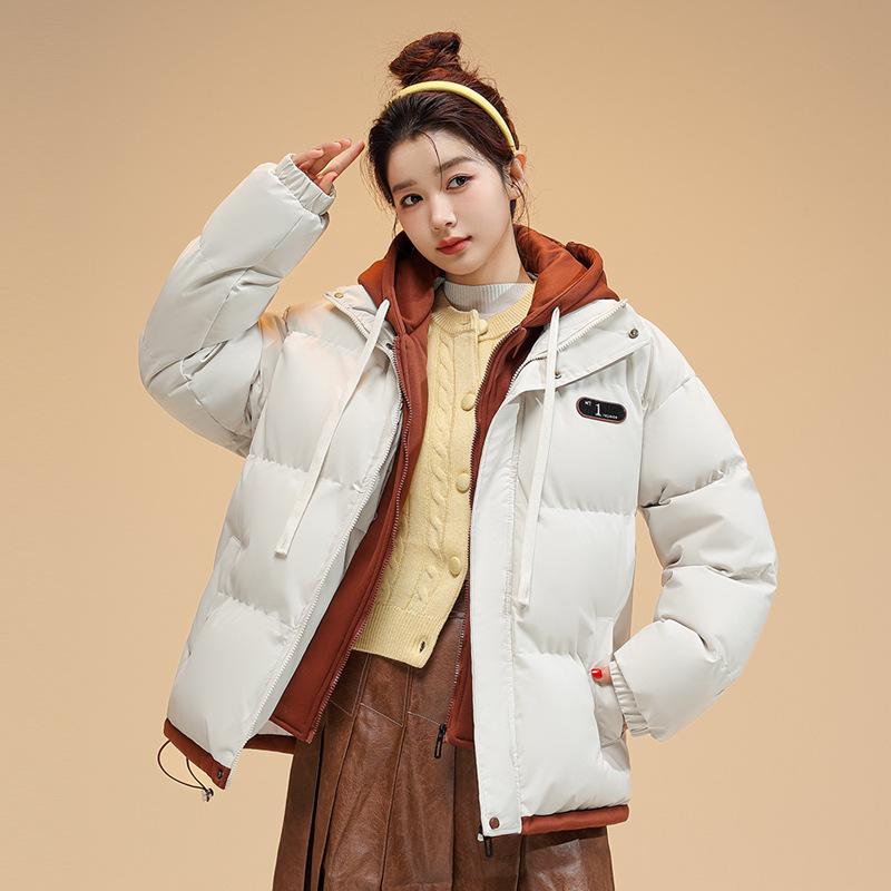 New Winter Fake Two-piece Hooded Cotton-padded Jacket Women's Winter Casual Loose Bread Coat with Contrasting Cotton Coat.