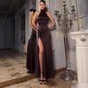 Robe d'été 2025 en satin à taille haute et col halter avec fente - Style européen et américain