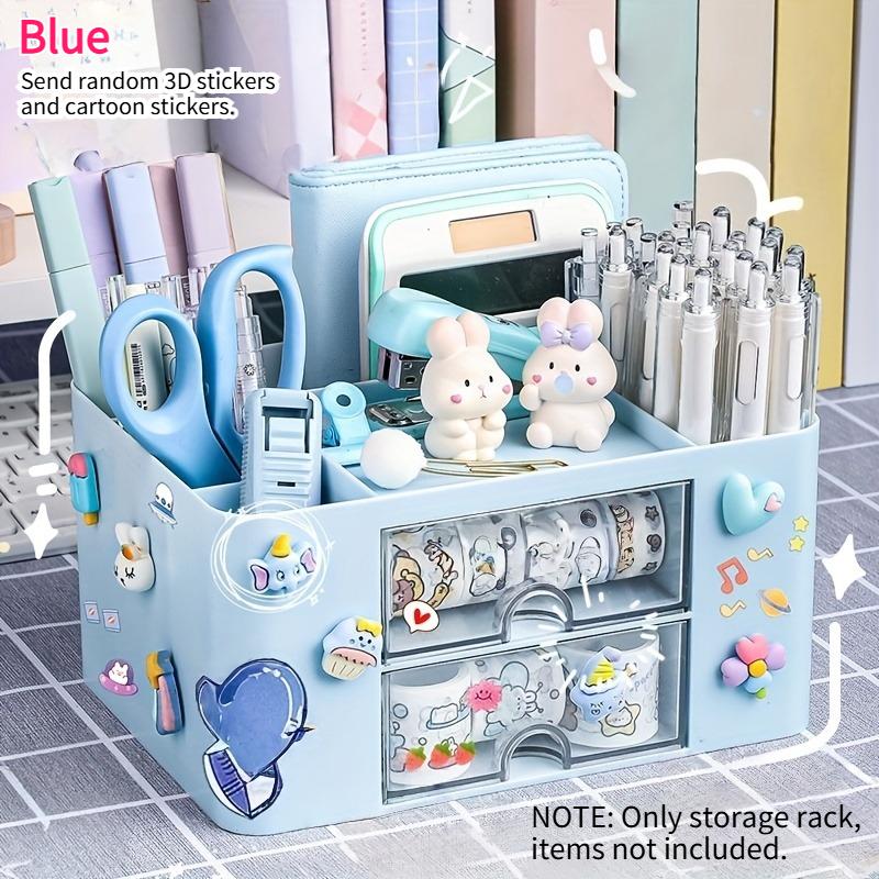 Large Capacity Desk Organizer with Cute Stickers Patches Desk Drawer Storage for Makeup Brush Office School Supplies Organizer