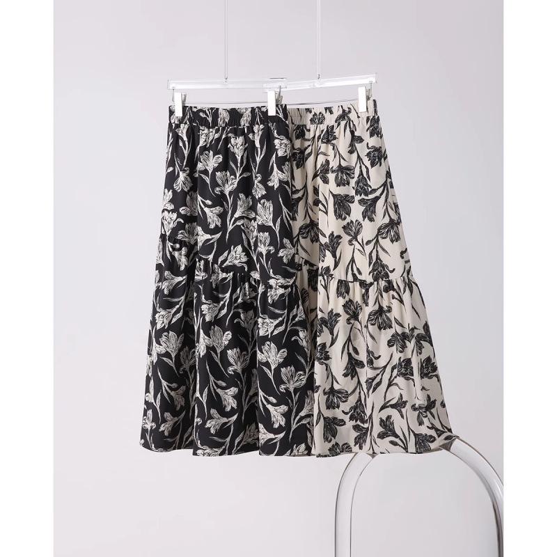 Spring 2025 A-line Printed Midi Skirt with Elastic Waist - QZE891127AL