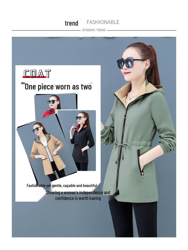 Dámský oboustranný trenčkot střední délky s kapucí, odnímatelným elastickým pasem a kapsami na zip pro jaro a podzim