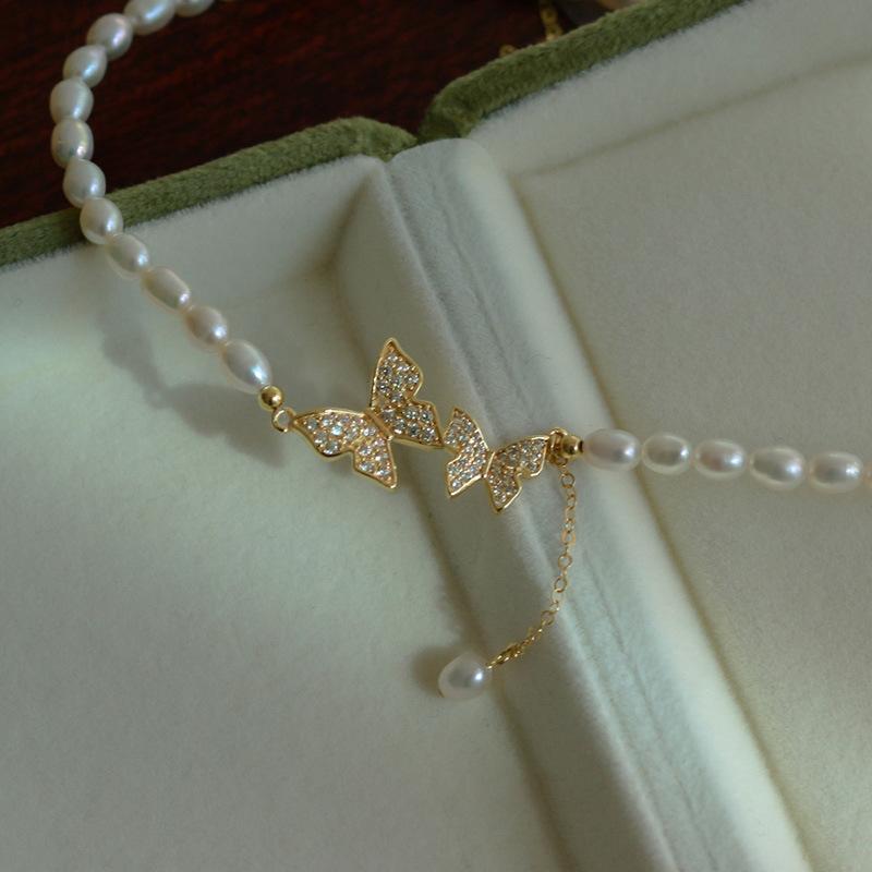Colier de perle cu ciucuri fluture din argint S925 pentru Instagram pentru femei, nișă franceză, stil de lux ușor, baroc, lanț de clavicula cu cereale de orez