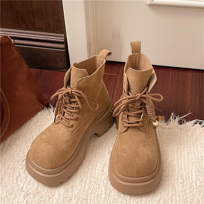 Retro Thick-soled Heightening Martin Boots for Women's 2025 Autumn New Fashionable Maillard Slim Short Boots Lace-up Rhubarb Boots
