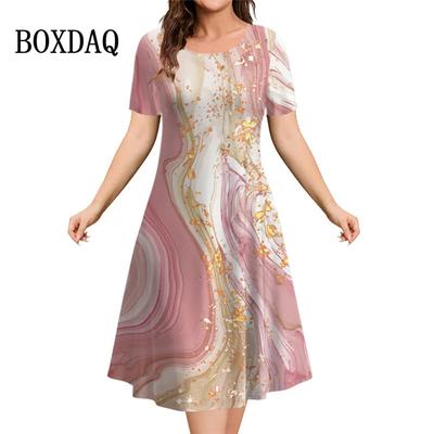 Kadın Kısa Kollu Elbise Yaz 3d Mermer Baskılı Elbise Moda Bol A Kesim Kıyafetler 2023 Yeni Şık Bayan Akşam Elbiseleri