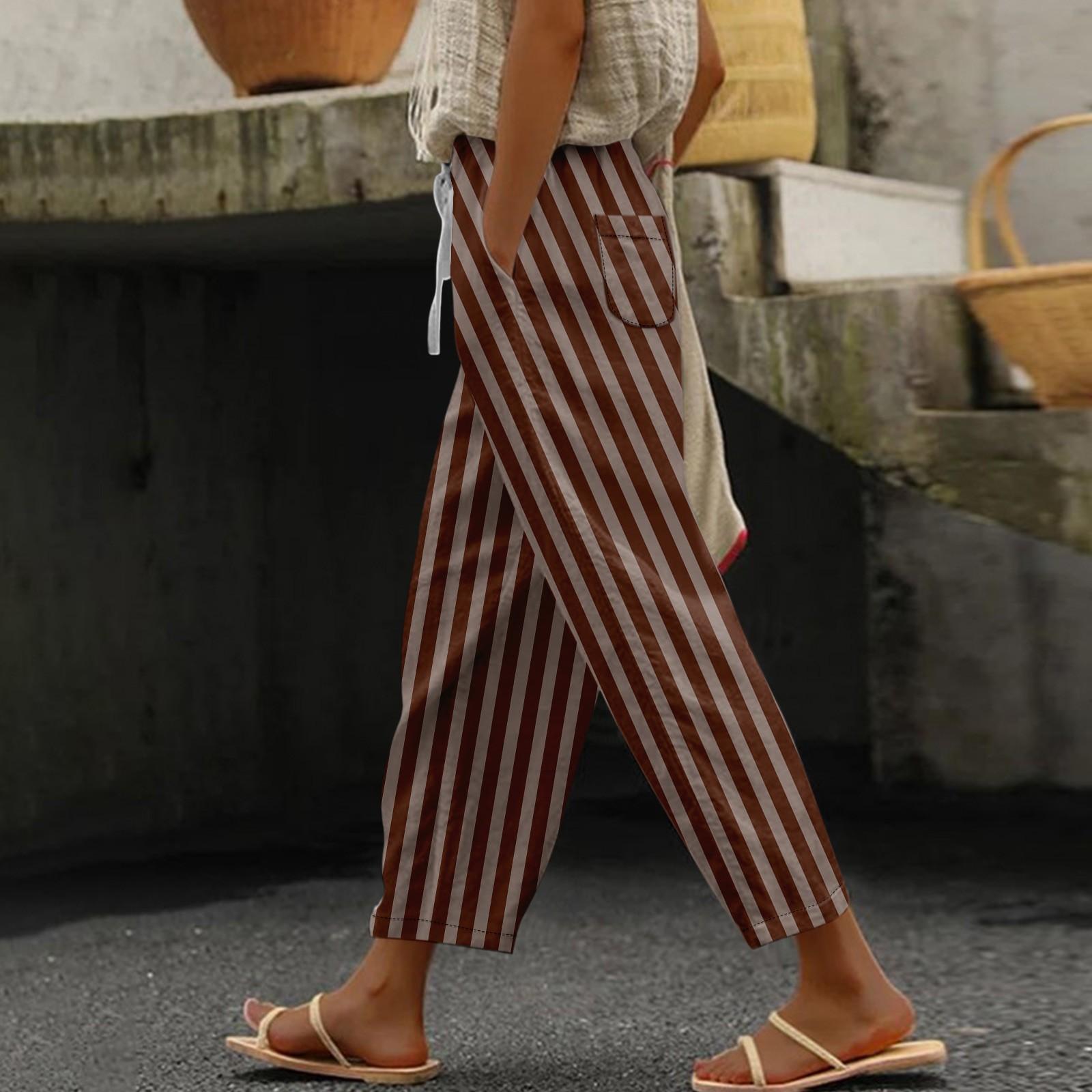 Women s Casual Fashion Striped Print Elastic Waistband Lounge Pants Comfortable Fit Relaxed Style Soft Fabric S верблюд