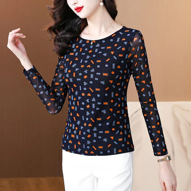 

Женская элегантная сетчатая футболка с геометрическим принтом черного и зеленого цветов, облегающего кроя L синий