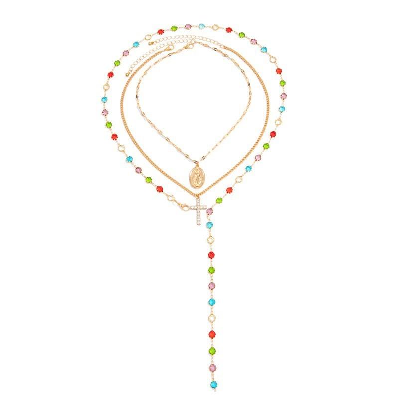 Cross Pendant Necklace For Women With Layered Y Design And Fringes