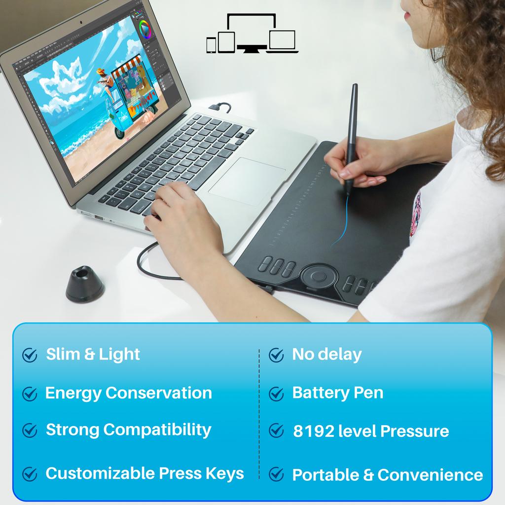HS610 Professional Design 8192 Levels Portable Electronic Digital Pen Drawing Graphic Tablets for Student and Kids