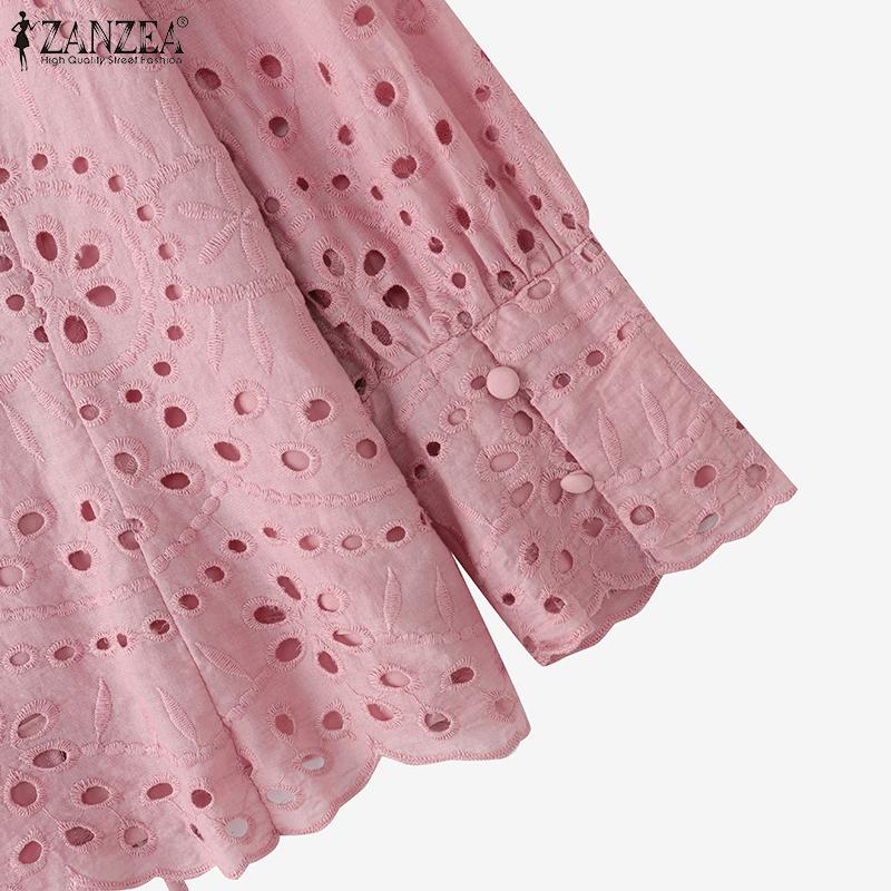 ZANZEA Women Casual Square Neck 3/4 Sleeve Loose Patchwork Lace Crochet Blouse