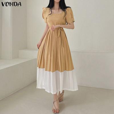 Robe longue élégante pour femme, décontractée, col rond, plis avant, coutures, pour le bureau