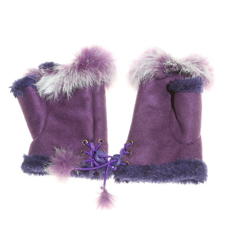 High Quality Half Finger Female Gloves Cute Plush Leather Gloves Faux Rabbit Hair Wrist Fingerless Mittens For Women