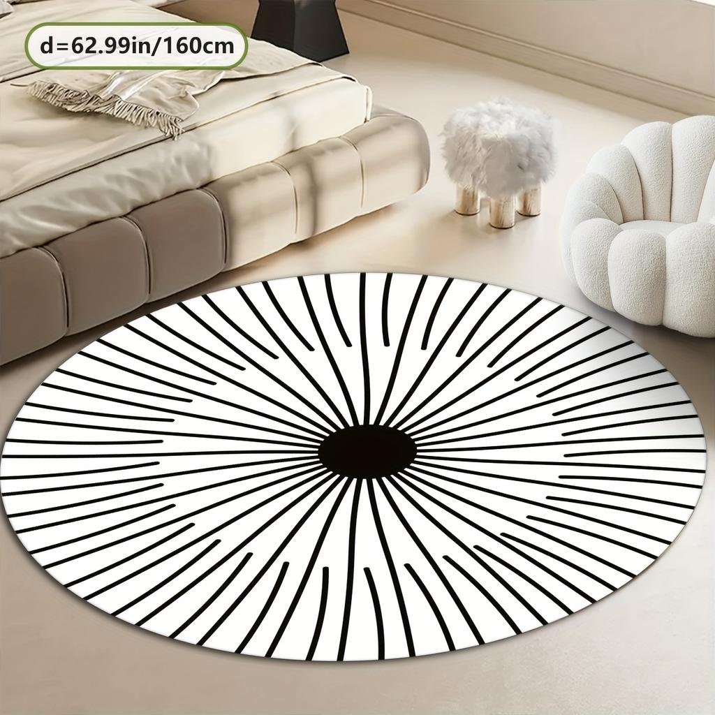 Crystal velvet carpet Modern Round Area Mat -  Crystal Velvet, Non-Slip Dot Backing, Black & White Line Design,