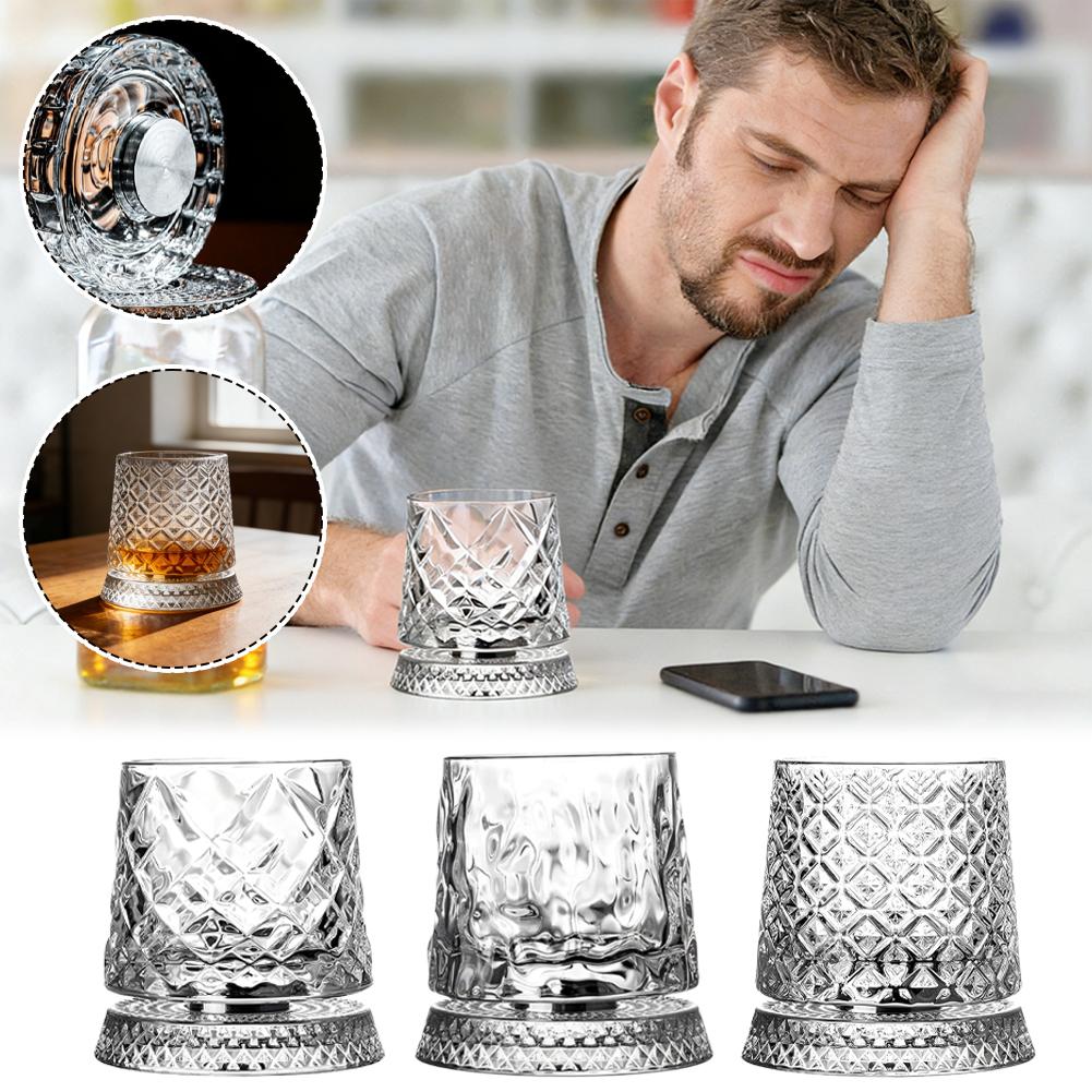 280ml Crystal Rotating Whiskey Glass with Base Diamond Cut Ice Flower Bubble Pattern Spinner Cup for Home Bar Party Gifts