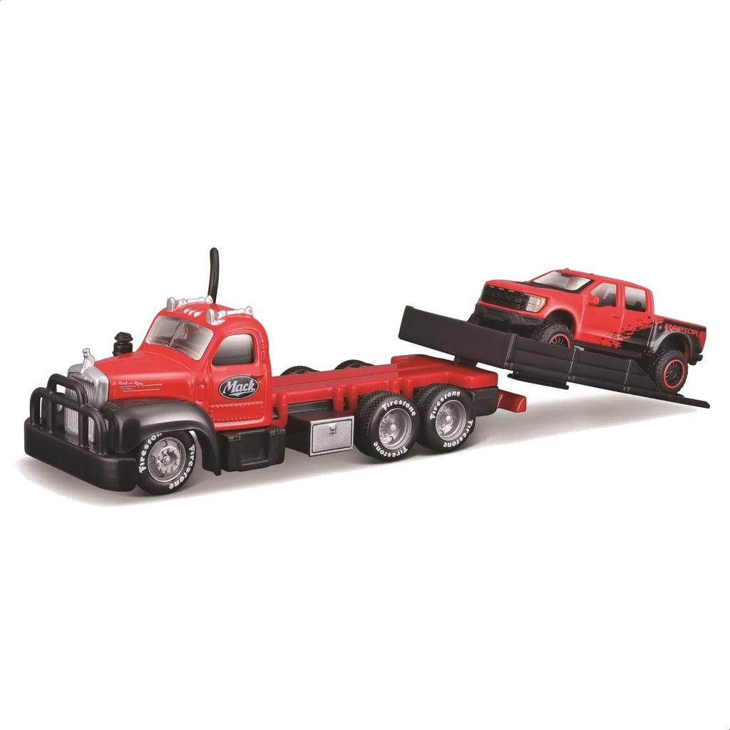 Maisto Scale Elite Transport Diecast Model Car Mack Tow Truck 2021 Ford SVT Raptor 1/64 (1953 B-61 / F-150 - Red)