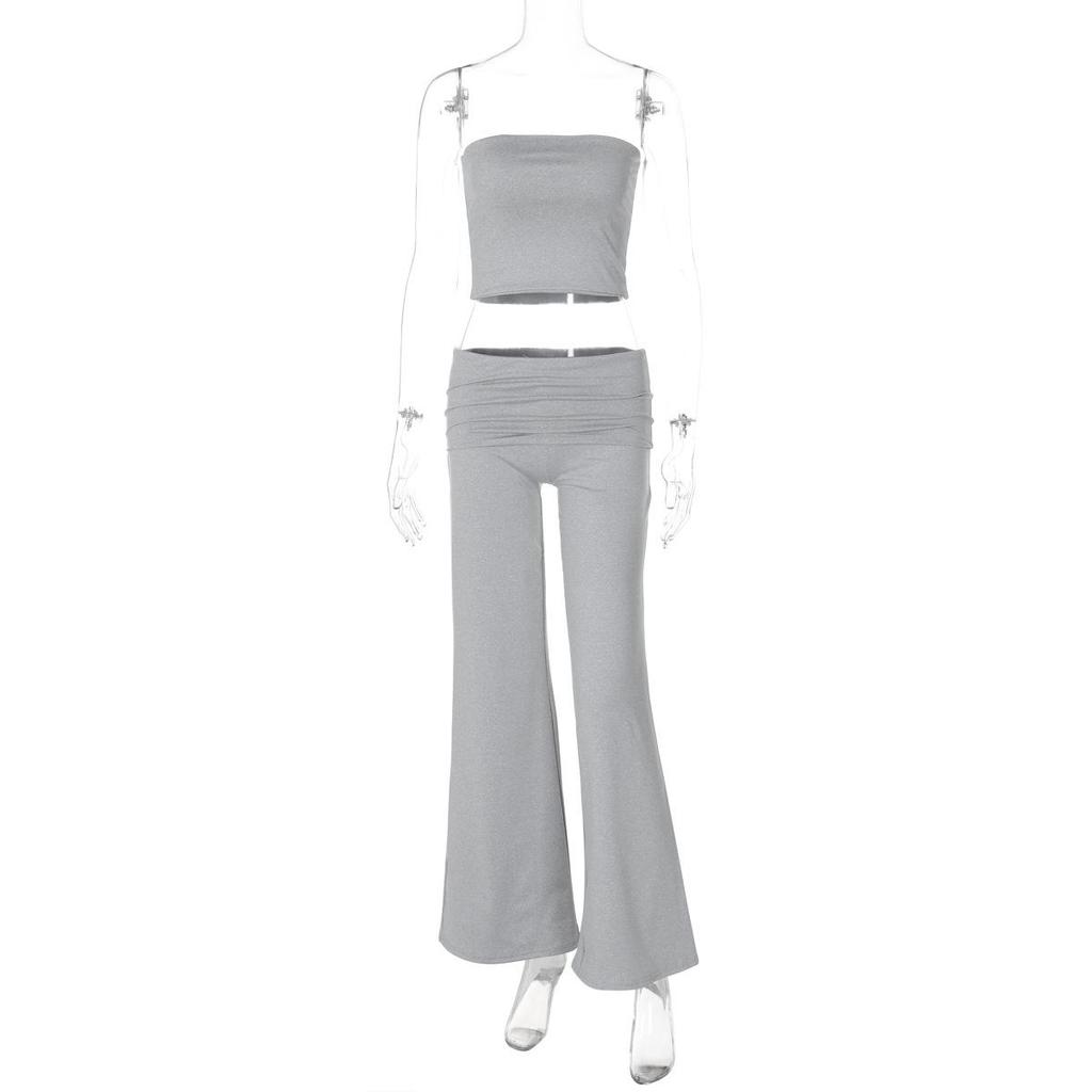 Women's Spring 2025 Solid Strapless Top and Flared Pants Slimming Fashion Set