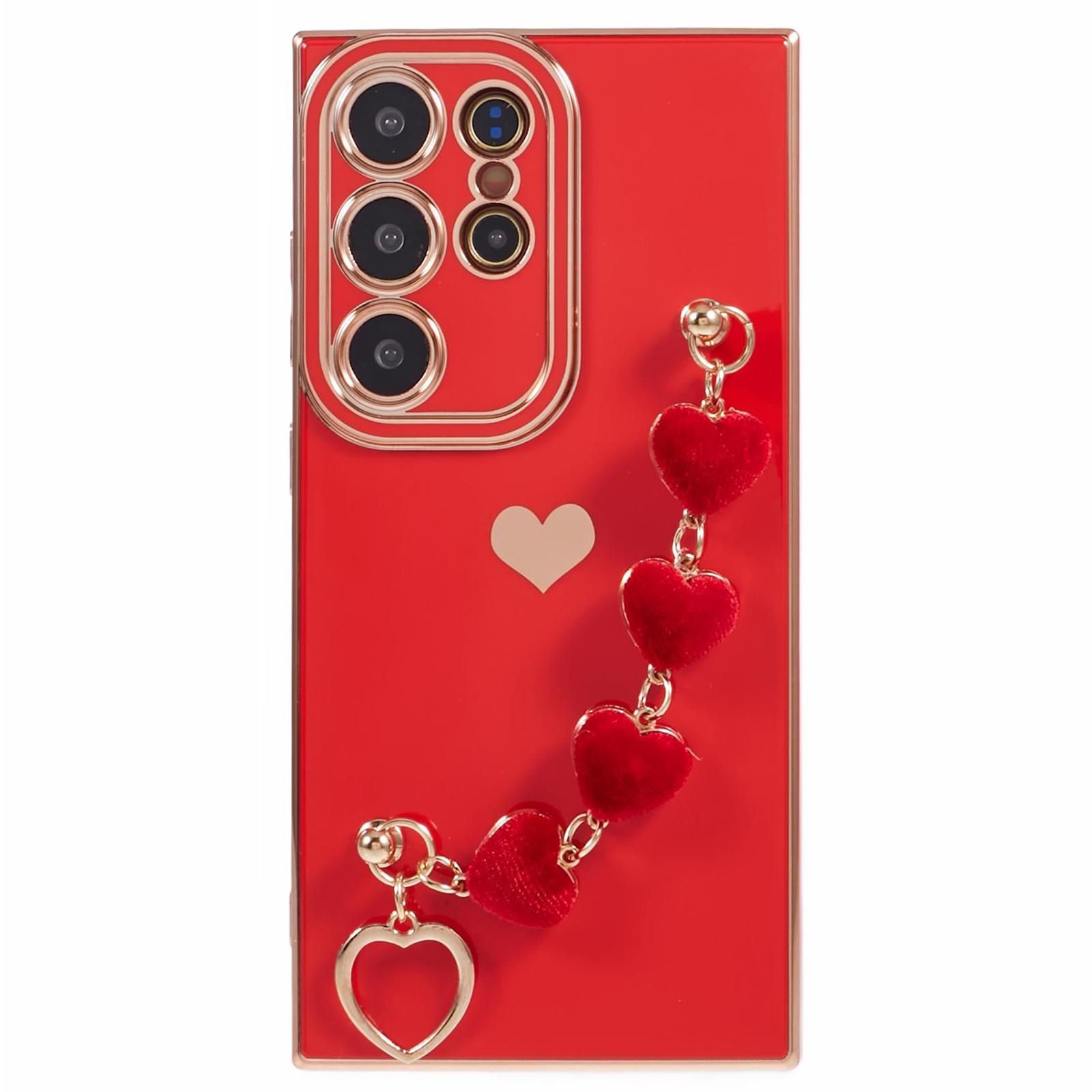 

For Samsung Galaxy S22 Ultra 5G Case Heart Pattern Electroplating TPU Cover with Hand Strap Red