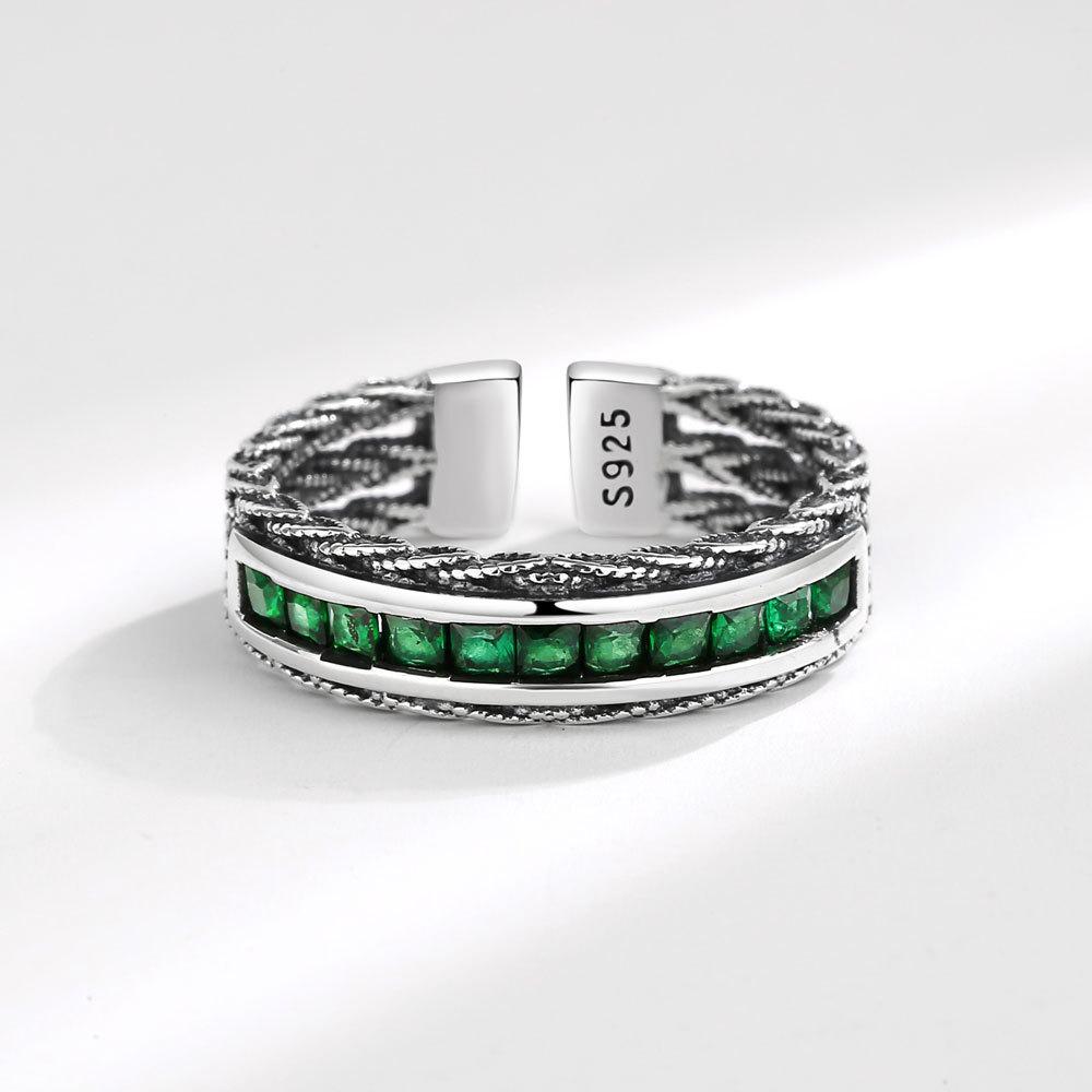 Vintage Emerald Zircon Braided Twist Open Ring For Women Fashionable Personalized High End Jewelry