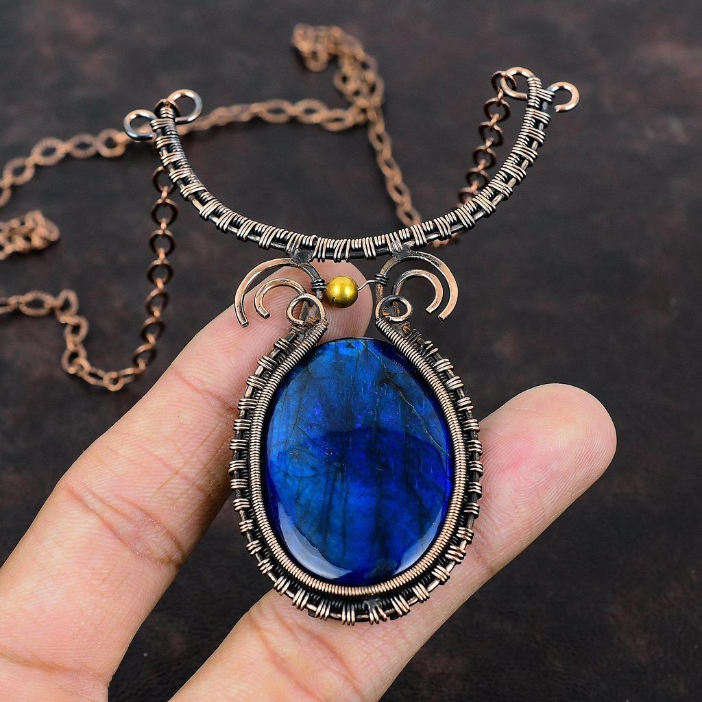 Blue Fire Labradorite Necklace Copper Wire Wrapped Necklace Adjustable Necklace Handmade Necklace Gemstone Jewelry For Gift Copper Jewelry