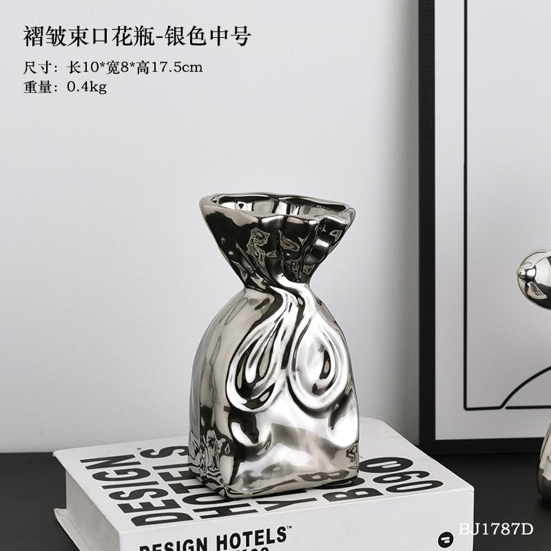 

Европейская керамическая серебряная ваза с плиссированным собранным горлышком, гидропонная ваза для цветов, украшение для гостиной, обеденного стола, цветочная ваза, свадебное украшение