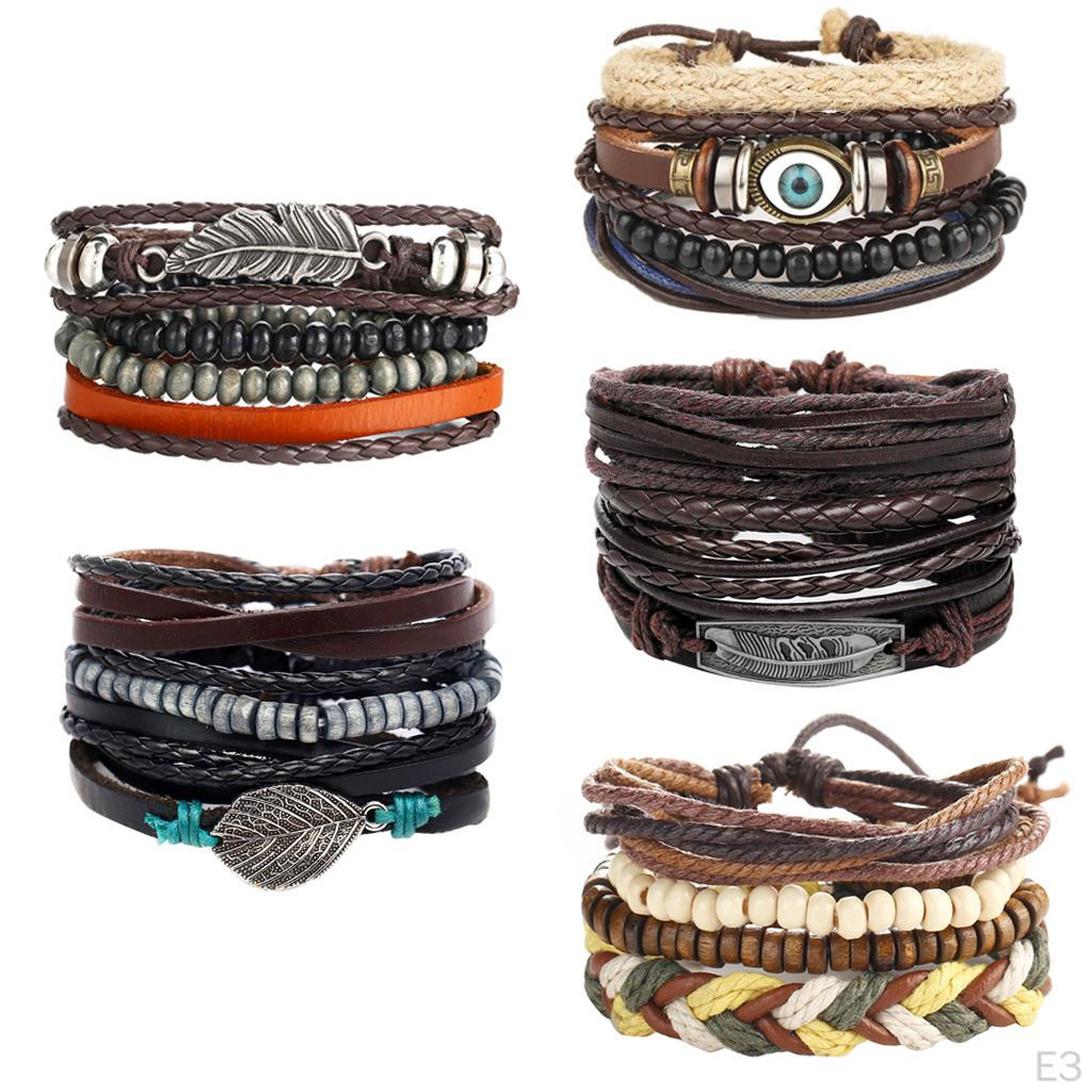 1 Set Wrap Bracelets for Men Women, String Cords Wood Beads Ethnic Tribal Bracelets, Leather (4Pcs)
