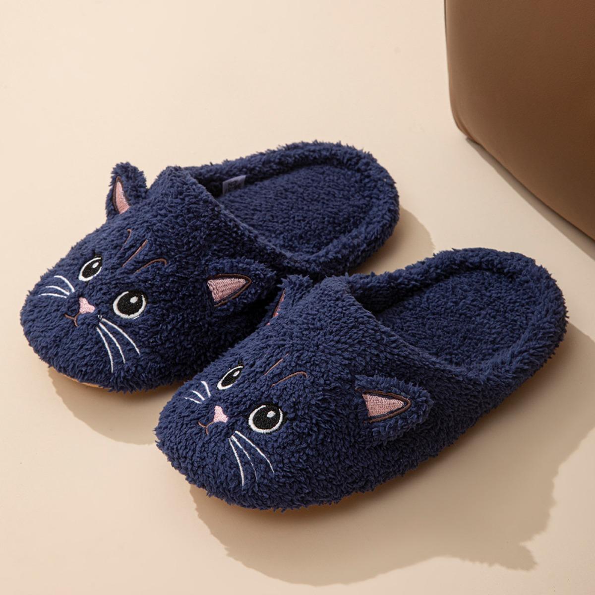 

Женские плюшевые тапочки-кошки - Зимние теплые нескользящие домашние тапочки для дома с милым мультяшным дизайном котенка, мягкая подошва из ЭВА и уютная ткань, милые тапочки 42-43 тёмно-синий