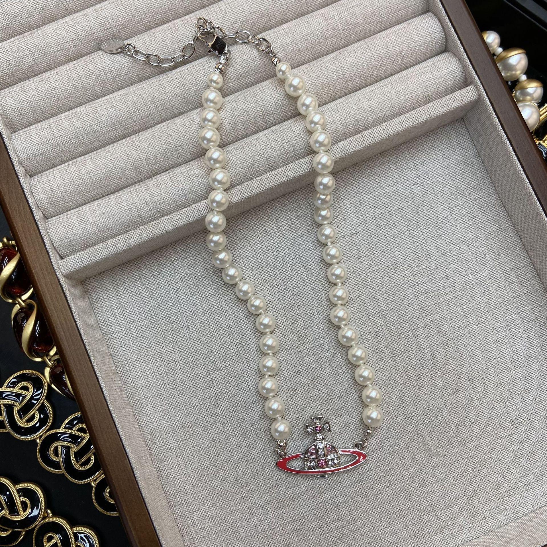 

Empress Dowager Pink Painted Pearl Necklace Copper Gold Plated Full Diamond Light Luxury Enamel Glaze Saturn Collarbone Chain Female